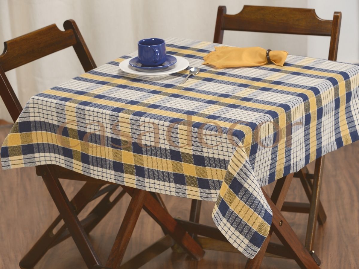 Toalha de Mesa Xadrez Colonial Azul com Mostarda